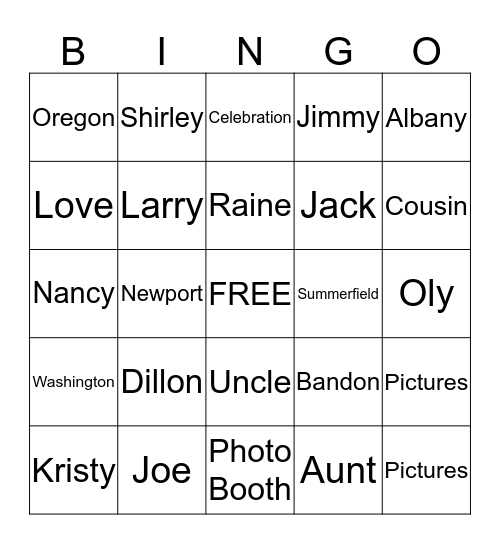 Celebrating Family Bingo Card