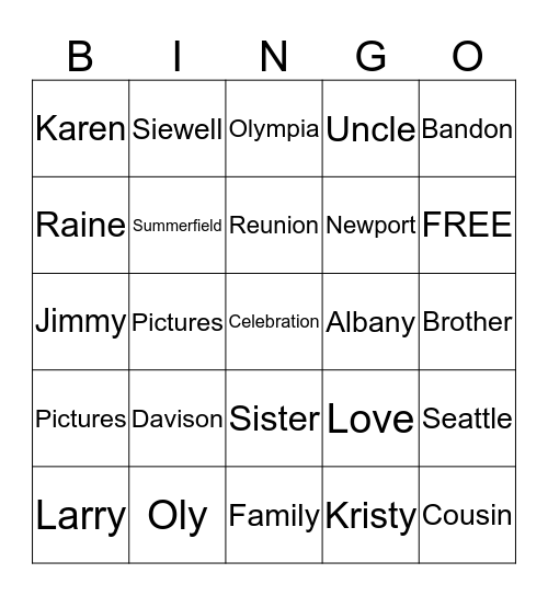 Celebrating Family Bingo Card