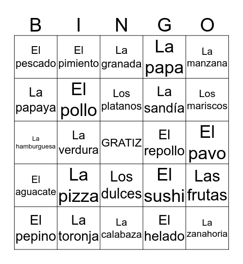 La Comida Bingo Card