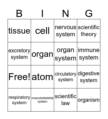 Hierarchy of Organisms/Body Systems Bingo Card