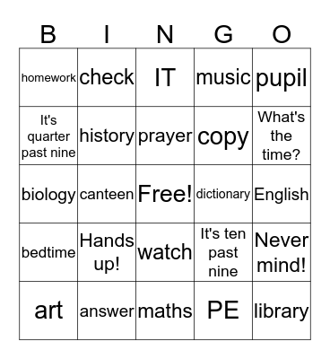 School language Bingo Card