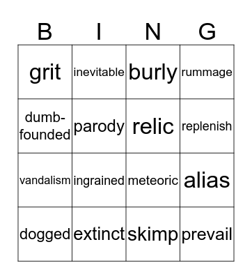 U11 Vocabulary Bingo Card