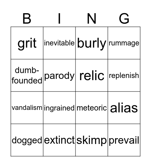 U11 Vocabulary Bingo Card