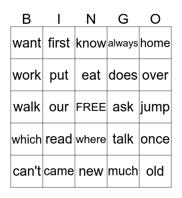 High Frequency Word BINGO Card