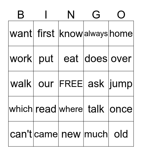 High Frequency Word BINGO Card