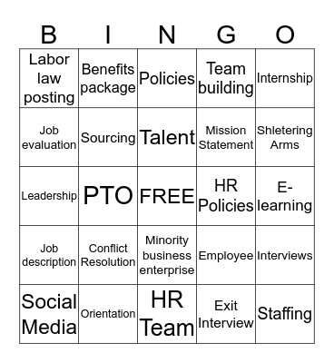 Human Resources Bingo  Bingo Card