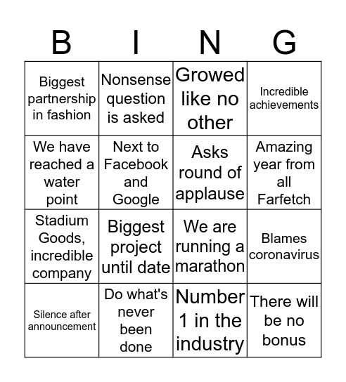 Earnings Call Bingo Card
