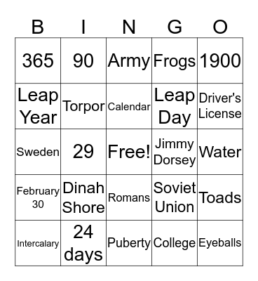 Leap Year 2020 Bingo Card