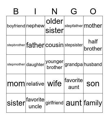 Family members Bingo Card