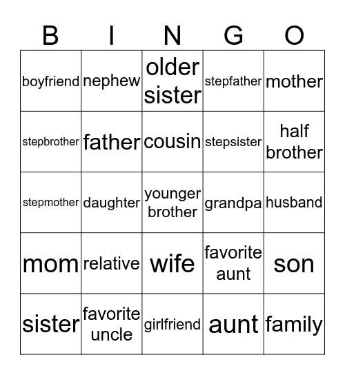 Family members Bingo Card