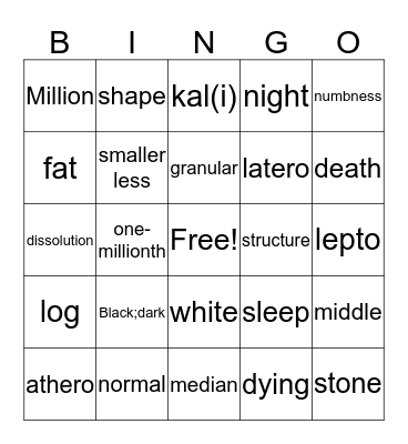 Medical Terminology Bingo  Bingo Card