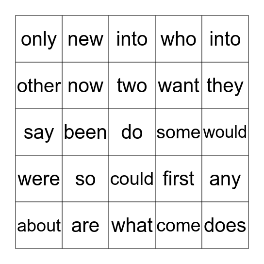 Trick Words Bingo Card