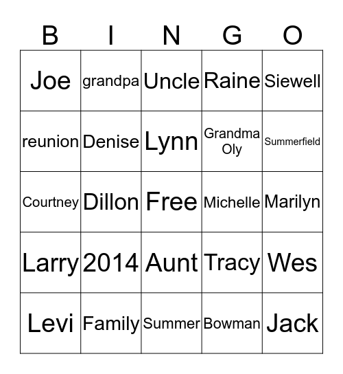 Celebrating Family Bingo Card