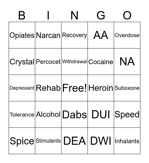 Drug & Alcohol Bingo Card