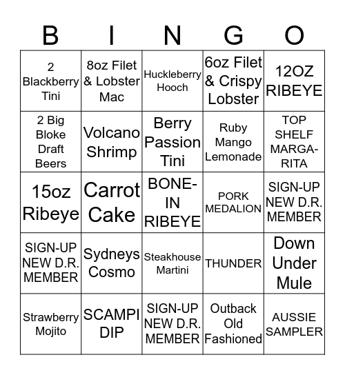 OUTBACK  Bingo Card
