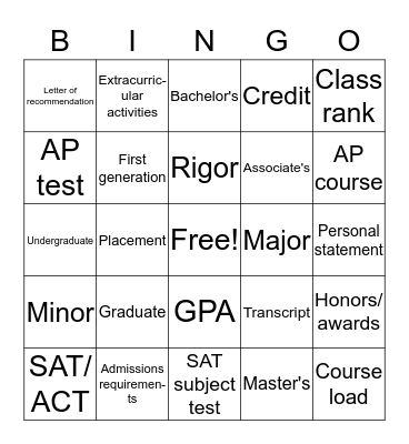 College Admissions Bingo Card