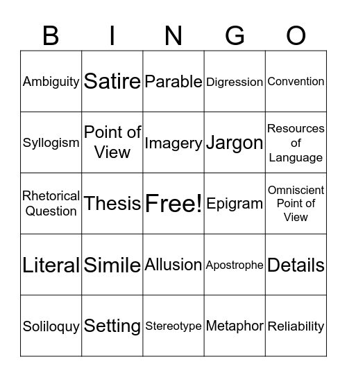 Literary Bingo~Card 3 Bingo Card