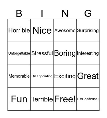 Describing experiences Bingo Card
