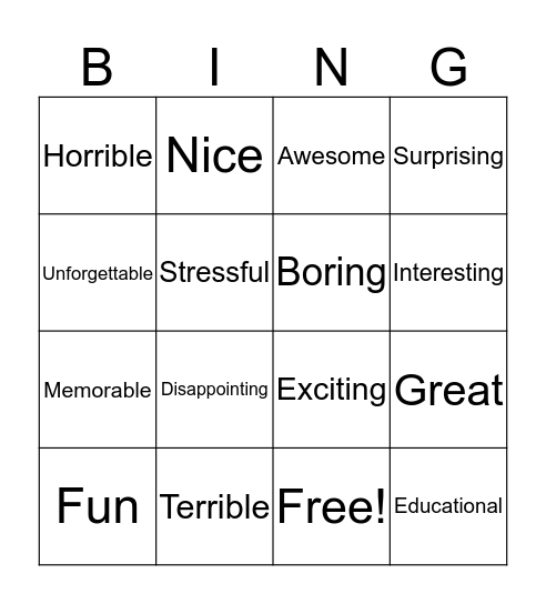 Describing experiences Bingo Card