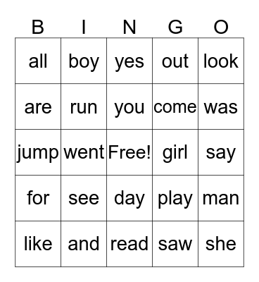 Sight Words Bingo Card