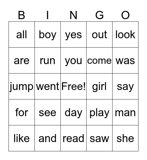 Sight Words Bingo Card