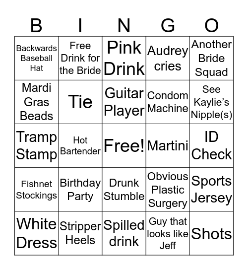 Andrea’s Bachelorette Bar Crawl Bingo!  Bingo Card