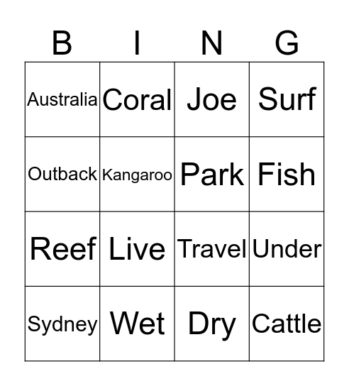 Joe is in Australia Bingo Card