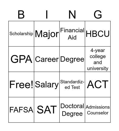 Kids2College Bingo Card