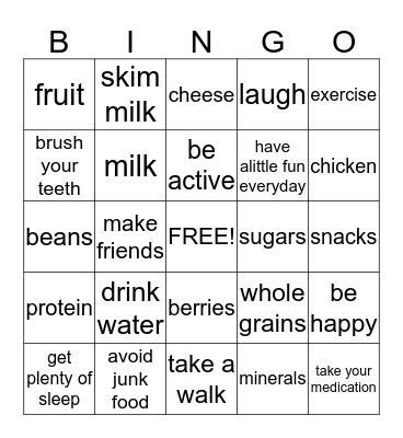 Healthy living Bingo Card