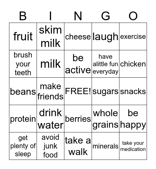 Healthy living Bingo Card