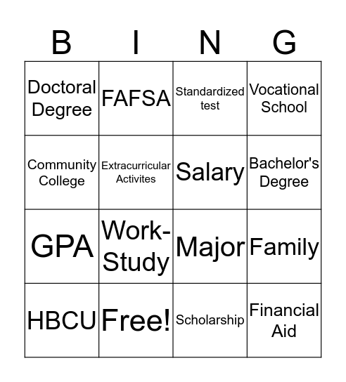 Kids 2 College Bingo Card