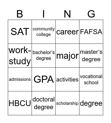 Kids 2 College Bingo Card