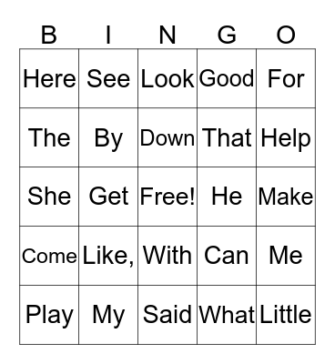 Sight Word Bingo Card
