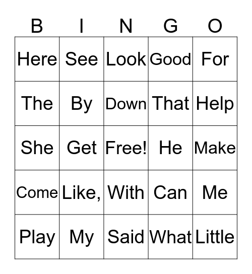 Sight Word Bingo Card