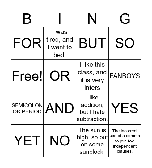 COMMA SPLICE  Bingo Card