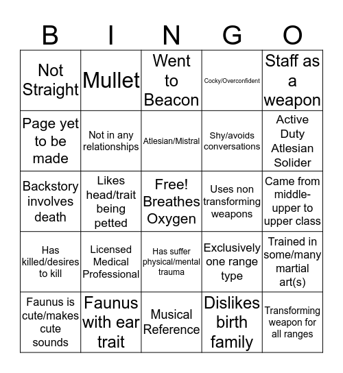 Shadow's OC Bingo Card