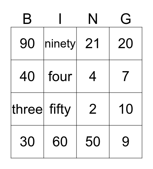 Numbers 20 - 100 Bingo Card