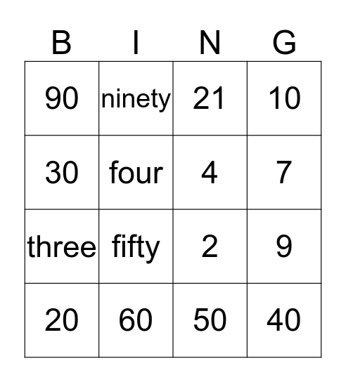 Numbers 20 - 100 Bingo Card