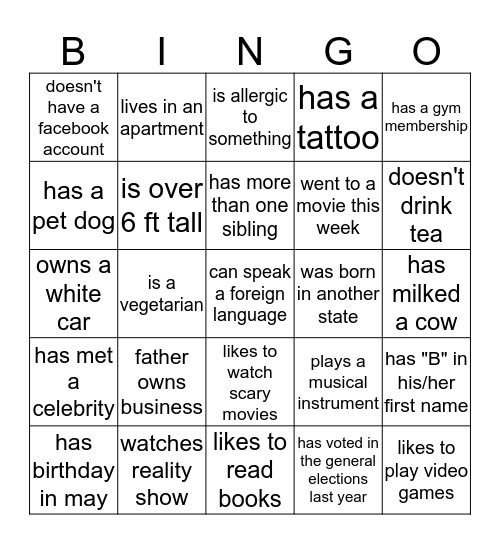 find a classmate who.......... Bingo Card