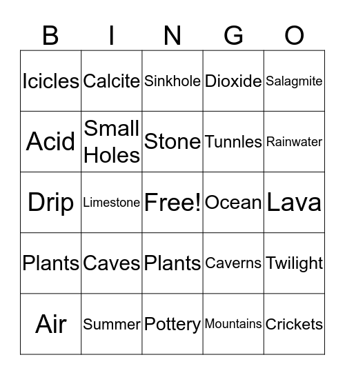 Caves and Caverns Bingo Card