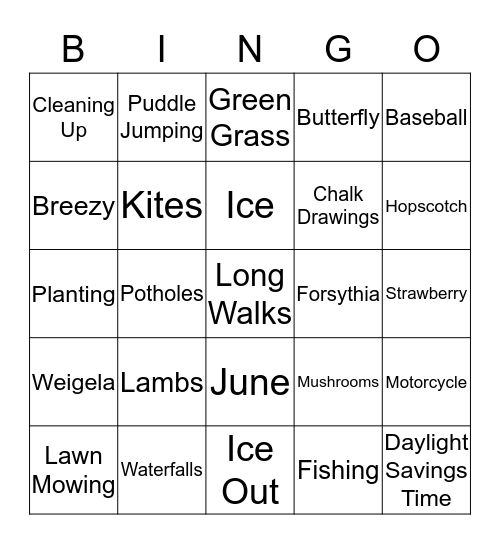 Mud/Spring Season Bingo Card