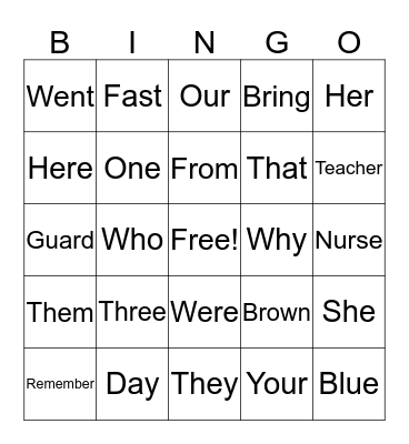 Sight Word Bingo Card