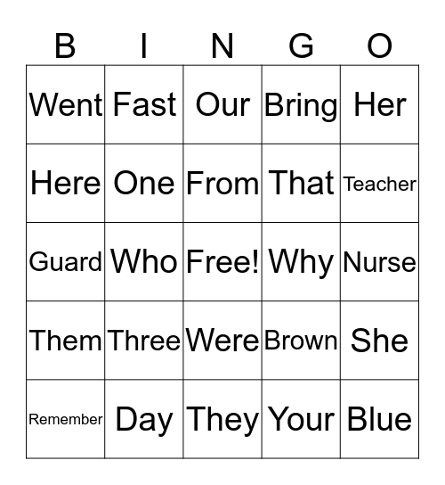 Sight Word Bingo Card