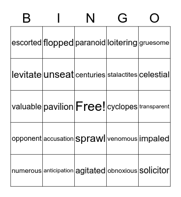 Percy Jackson Vocabulary Bingo Card