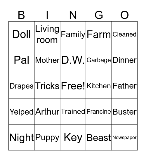 Arthur's New Puppy Bingo Card