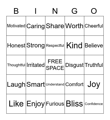Friendship, Self-Esteem, and Feelings Bingo Card