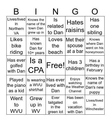 Dan's 40th Birthday - Find people who have these things in common with Dan and write their name in the box (no more than 3 boxes per name)- first one to get BINGO wins a Starbucks gift card! Bingo Card