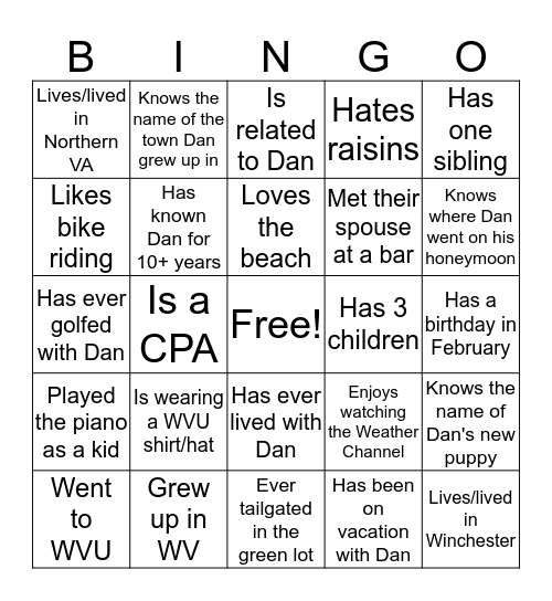 Dan's 40th Birthday - Find people who have these things in common with Dan and write their name in the box (no more than 3 boxes per name)- first one to get BINGO wins a Starbucks gift card! Bingo Card