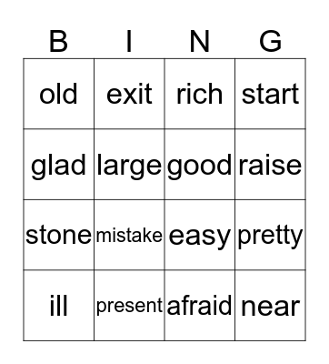 Synonym Bingo Card
