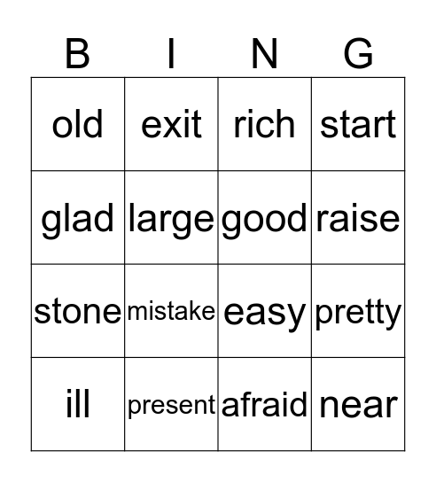 Synonym Bingo Card